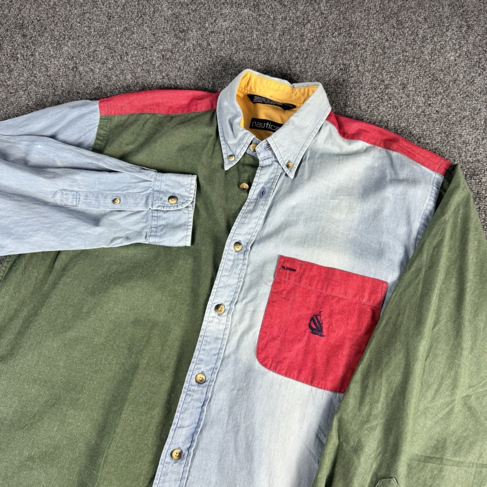 Vintage Nautica Chambray Madras Color Way Big Logo Button Up Shirt Mens L 90s